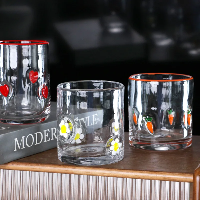 Glass Cup Creative Hand-painted Patch Ins Style Household Juice Cup Embossed Painted Water Cup Thickened Crystal Cold Drink Cup