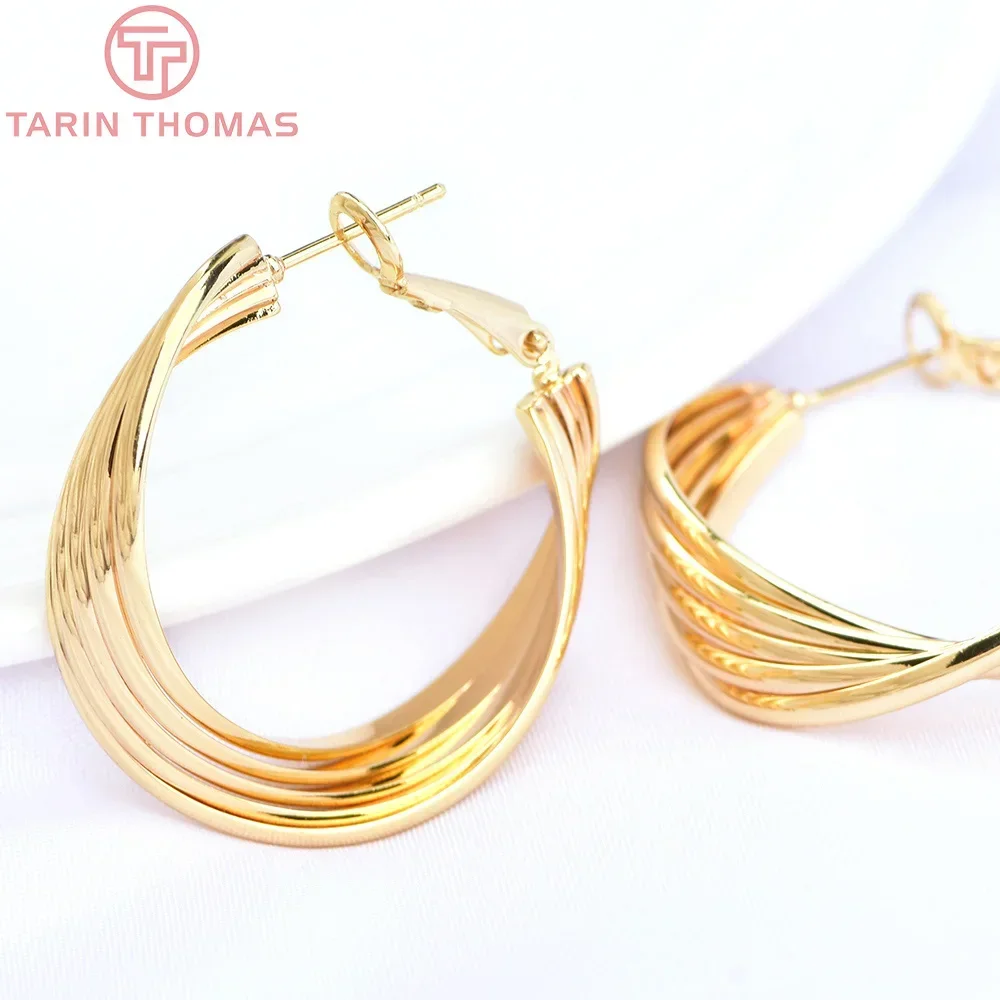 (6119) 4PCS 33MM 24K Gold Color Brass Round Contortion Earrings Hoop High Quality Jewelry Making Findings Accessories Wholesale