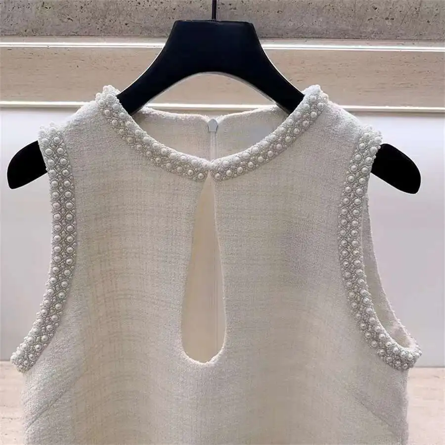 Luxury 2025 Spring Autumn White Pearls Collar Tweed Short Dress Women's Sleeveless Tank A Line Prom Evening Party  Vestidos