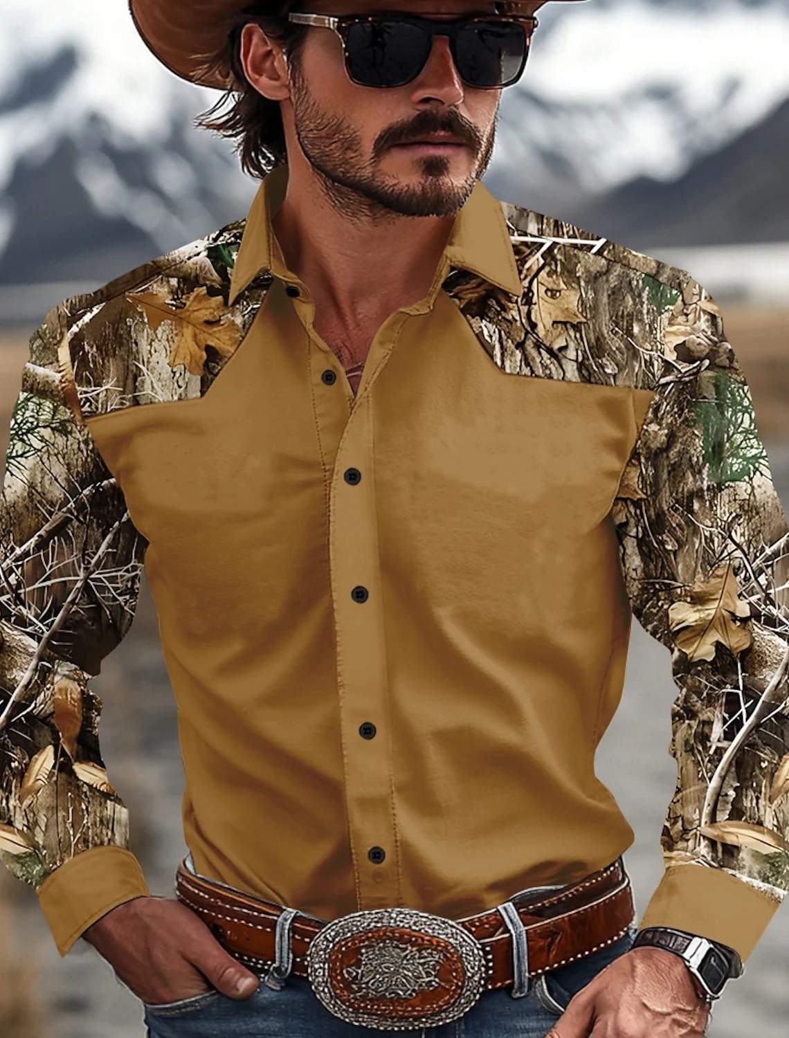Men\'s Camouflage Western Shirt Denim Shirt Long Sleeve Western Casual Outdoor Spring and Autumn Lapel Black Brown Green Khaki