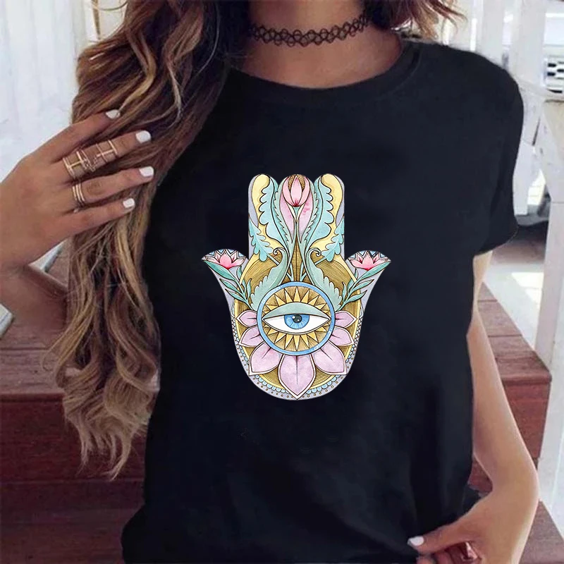 Hamsa Fatima Printed Women's T-Shirt Summer Fashion Short Sleeve Unisex Top Tees Hamsa Casual O Neck High Quality T-Shirt Female