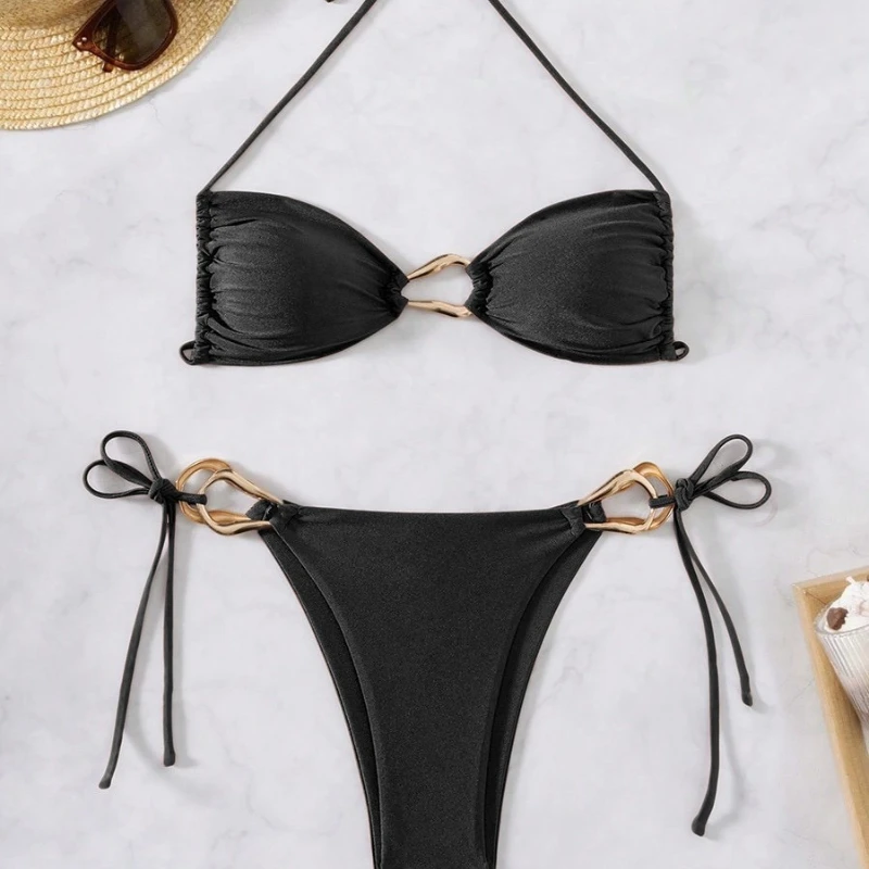 Biquíni sexy de duas peças marrom com alça no pescoço e maiô preto