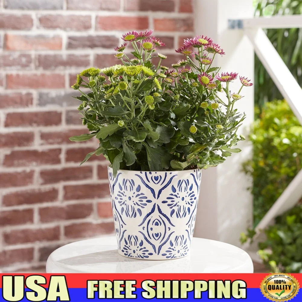 

Round Ceramic Blue Medallion Planter Weather-Resistant Indoor Outdoor Flower Pot with Drainage Hole Small Plants 5.9D x 5.43H