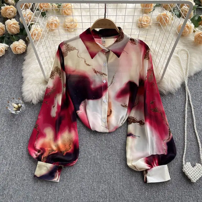 

Французская свободная блузка с принтом для женщин, весна-осень, новинка, с рукавами-фонариками, отложным воротником, модный молодежный топ