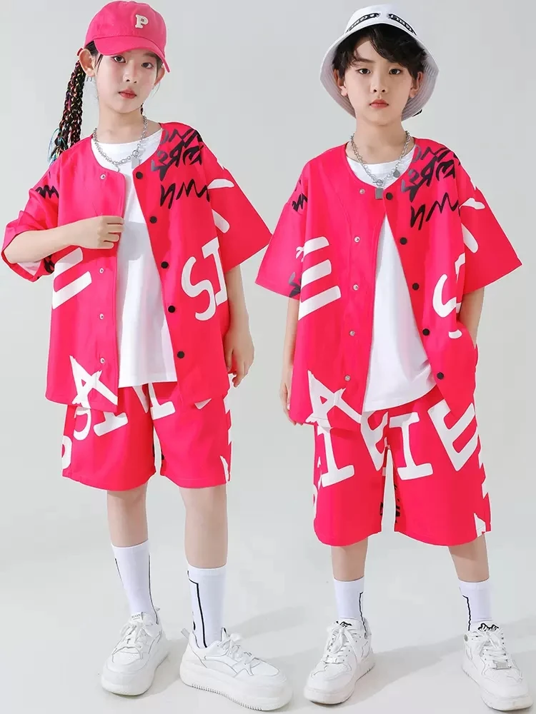 Kids Fashion Hip Hop Clothes Short Sleeves Pink Suit Girls Boys Loose Street Dance Jazz Performance Costume Stage Wear BL10481