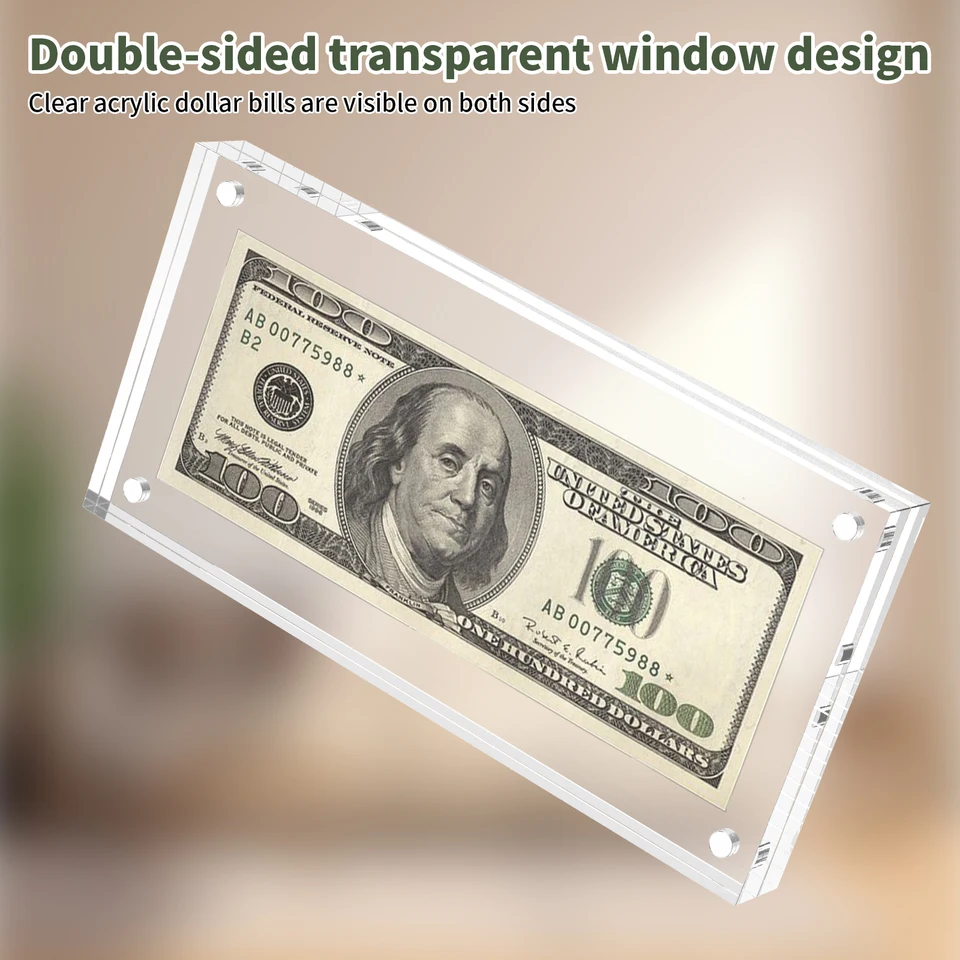 Cadre Acrylique Double Face 20x10 Cm – Présentoir Billet Dollar, Photo, Timbre, Chèque – Support Transparent Autoportant