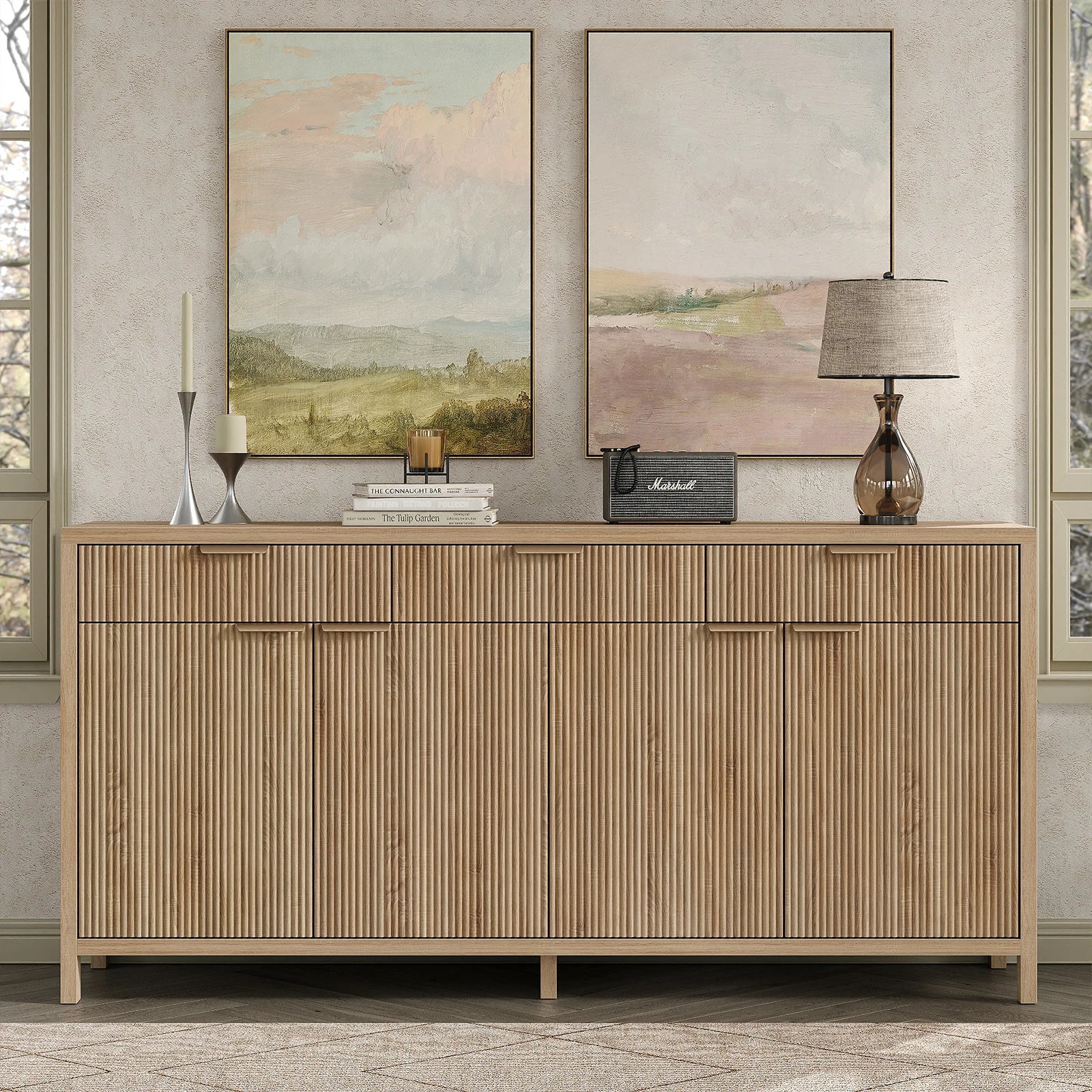 65.6"W×15.5"D×32"H Fluted Buffet Cabinet Sideboard Credenza, 2 Cabinets with Adjustable Shelves & 3 Drawers, 40% Extra Storage Capacity, FSC Certified Scratch & Water Resistant Engineered Wood, Fits Farmhouse Mid-Century Contemporary Decor, Easy Assembly