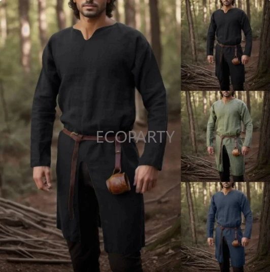 Medieval Renaissance Retro Linen Shirt Tops Tunic Male Long Robes Dress Vintage Jackets Knight Pirate Cosplay Costumes