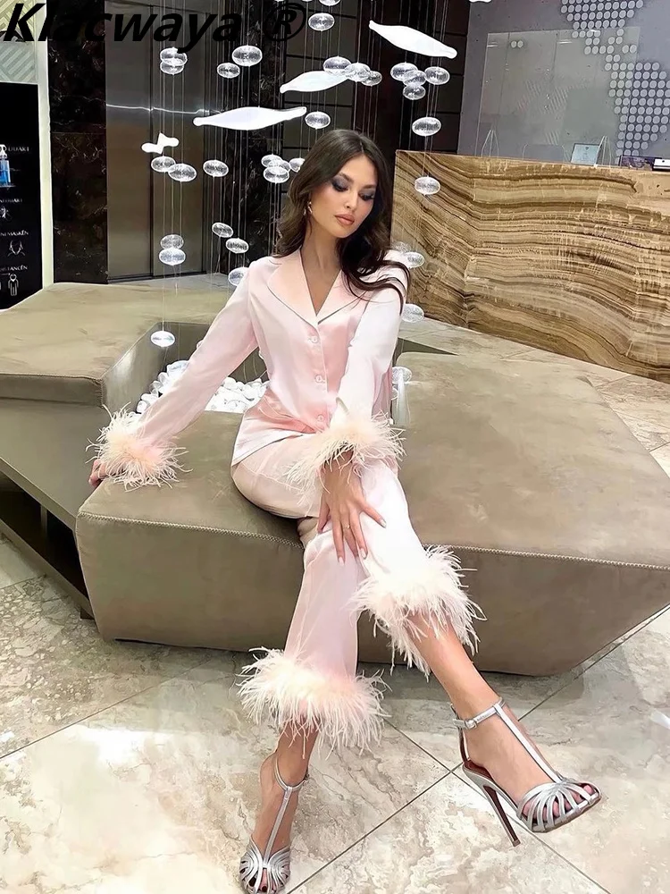 Klacwaya Women Suit Set Elegant Home For Sets Woman 2 Pieces Trouser Suits Feather Pink Toppies Casual Woman Clothes