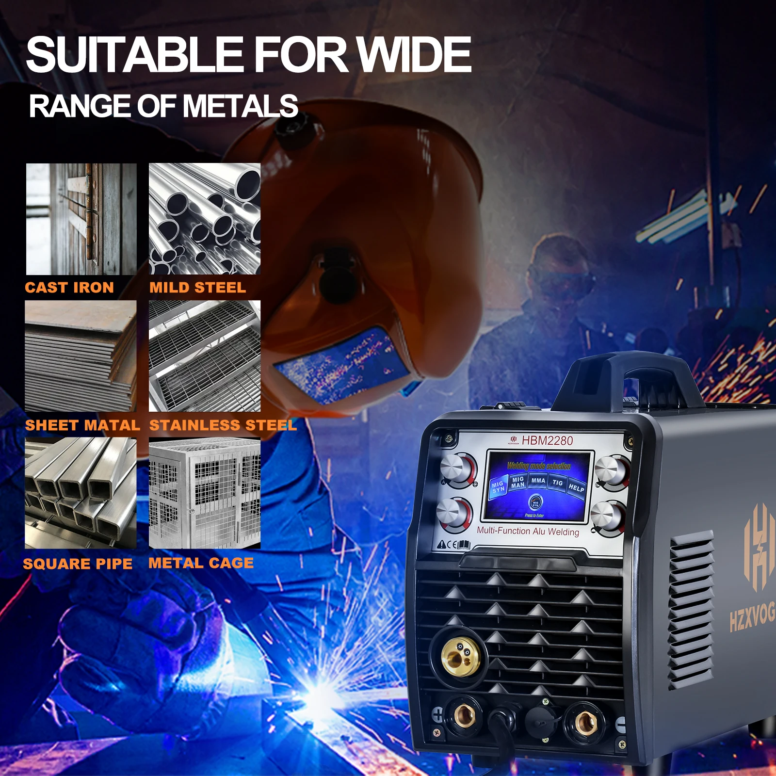 200A HZXVOGEN MIG Welder Gasless Gas MIG Aluminum ARC MMA Tig 5 In 1 HBM2280 Synergy Semi-automatic Welding Machine Tools