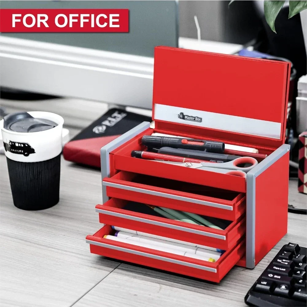 Mini Red Tool Box, Portable 3 Drawer Steel Tool Box with Magnetic Tab Locking, Red Micro Top Chest with Liner for Tools Storage,