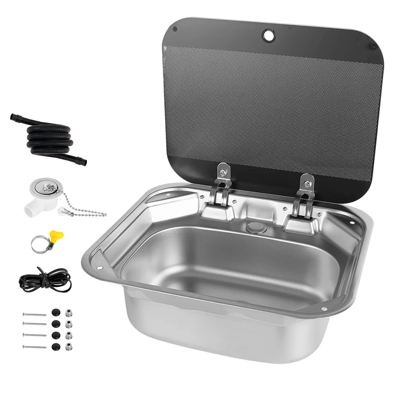Compact RV Stainless Steel Sink with Folding Glass Lid 420mm Camper Caravan Boat Kitchen Sink