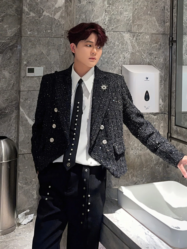 

Bla ort Tweed Jaet Men's Luxury Sequin Design Thiened Woolen Coat Faionable Urban Sle Teenager Spring Autumn Winter