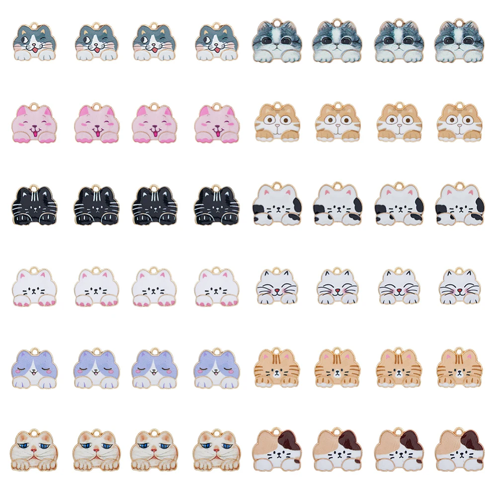 

72Pcs 12 Styles Alloy Enamel Pendants Printed Light Gold Cat Mixed Color 16x18.5x2.5mm Hole: 1.6mm 6pcs/style