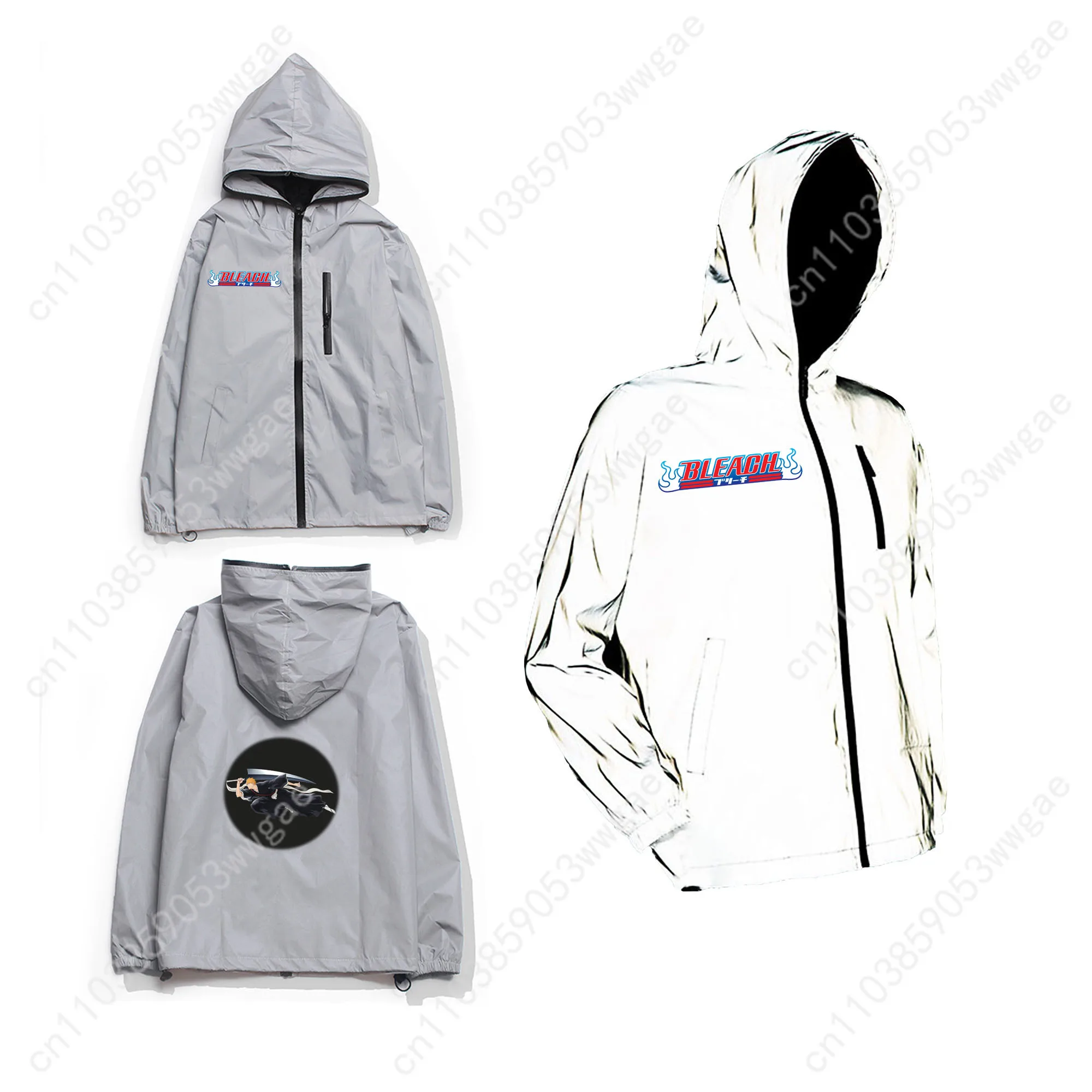 Bleach Reflective Jacket Mens Womens Coat Hooded Windbreaker Run Pocket Jackets Cycling Hiking Zipper Anime Personalized Hoodie