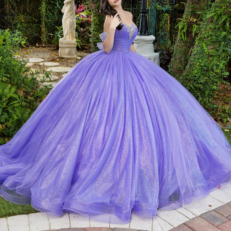 

Lavender Shiny Ball Gown Quinceanera Dresses Off the Shoulder Beads Crystal Tull Party Birthday Vestidos 15 De Anos Sweet 16