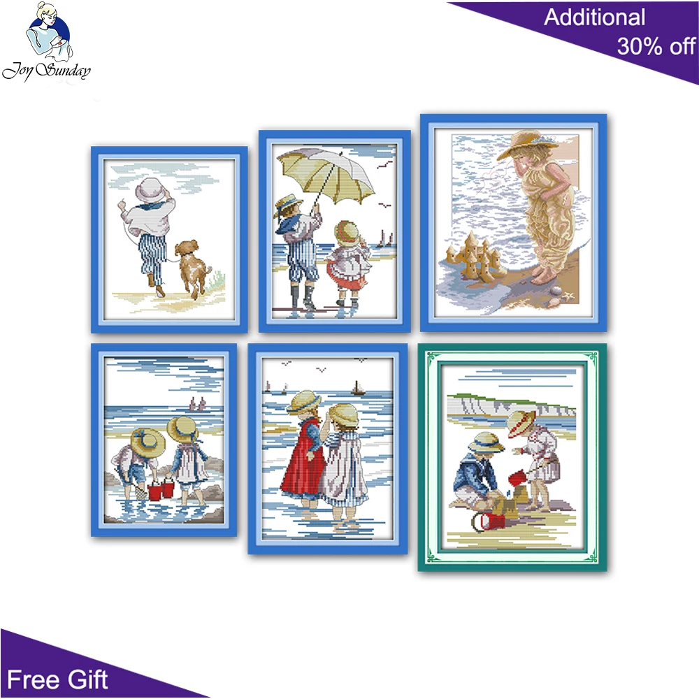 Joy Sunday Boy Dog Wind Catching Fish Sisters On Beach Sand-towers Play In Seaside K207 K208 K209 K210 K211 K252 Cross Stitch