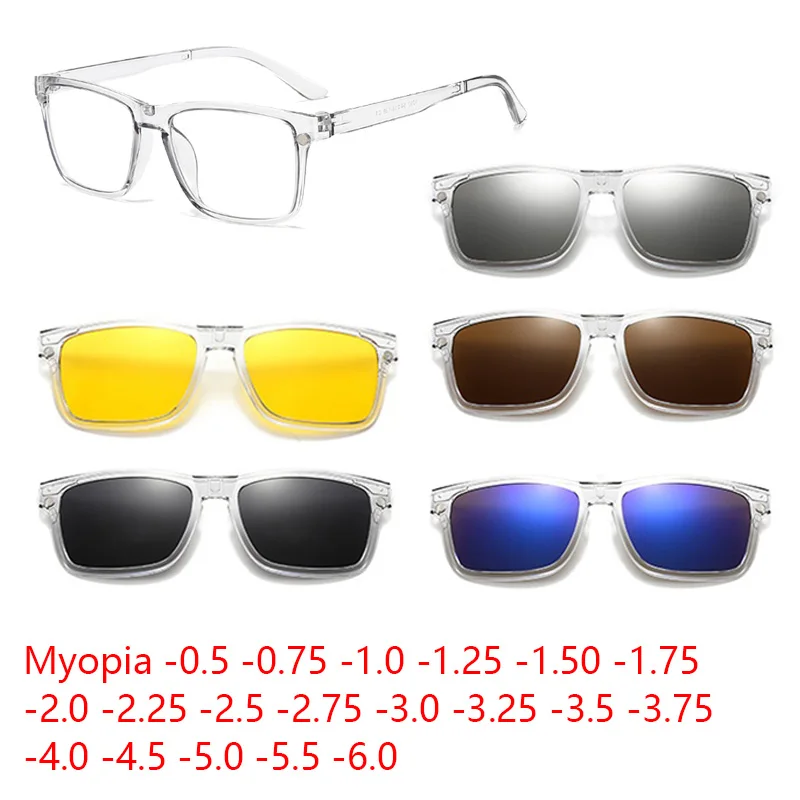 6 In 1 Myopia Polarized Sunglasses Men Women Clip Magnet Classic Style Glasses Custom Optical Eyewear Frame -0.5 to-10