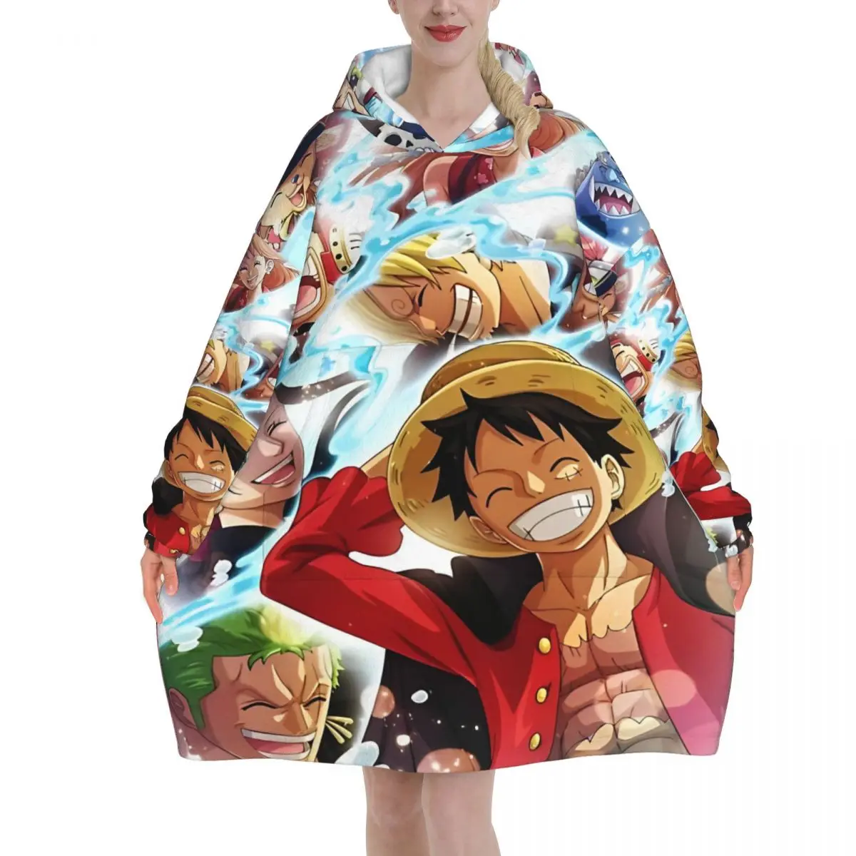 Oversized One Piece Anime Manga Luffy Wearable Deken Cadeaus voor Vrouwen Mannen Ultrasoft Pluche Warm Sweatshirt Dekens Met Zak