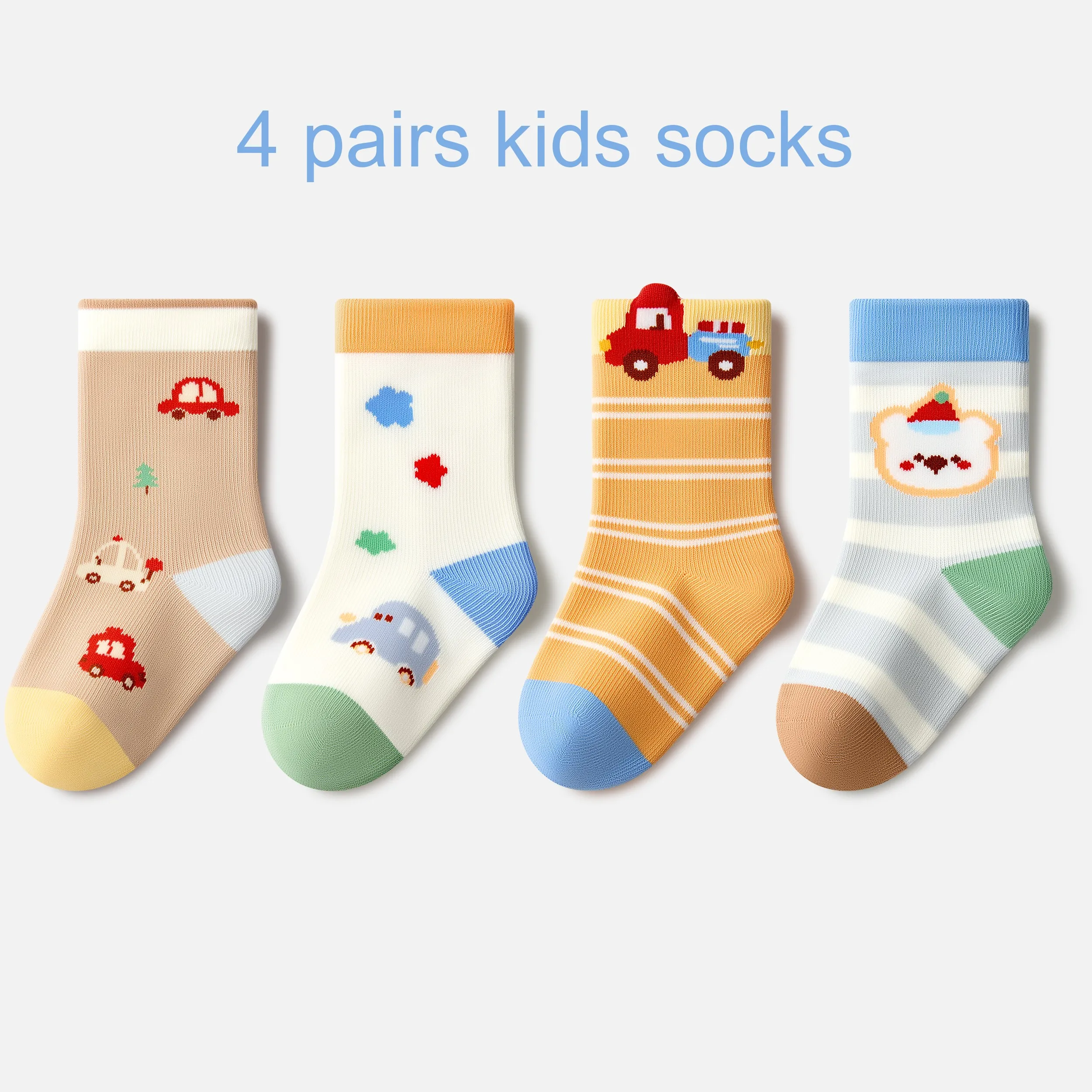 Beibi 4-Pack Boys Mid-Calf Socks Cartoon Car & Animal Print Warm Creative Autumn Winter Baby Toddler Socks 0-6 Years Old