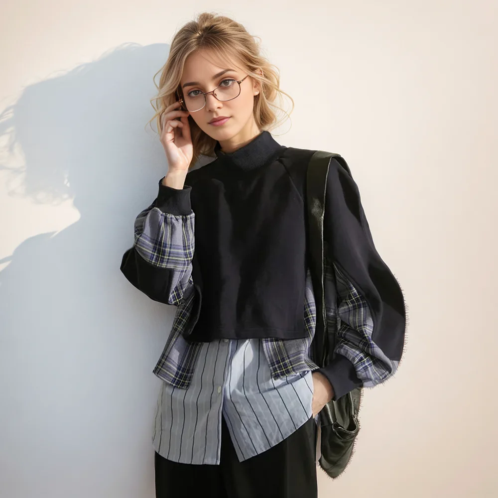

Hit Color Casual Irregular Sweatshirts For Women Turtleneck Long Sleeve Spliced Button Minimalist Loose Sweatshirt Female