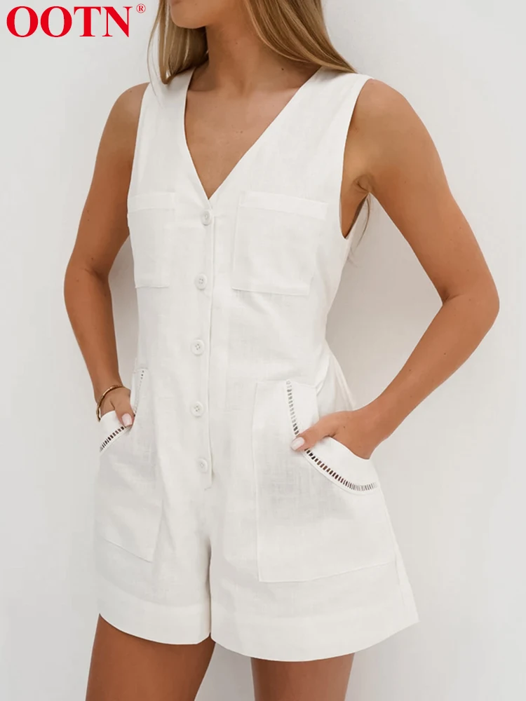 OOTN Casual Jumpsuit Women V Neck Sleeveless Cotton Linen  White 2024 Summer Fashion Lace Up Woman Button Up Pockets Solid Chic