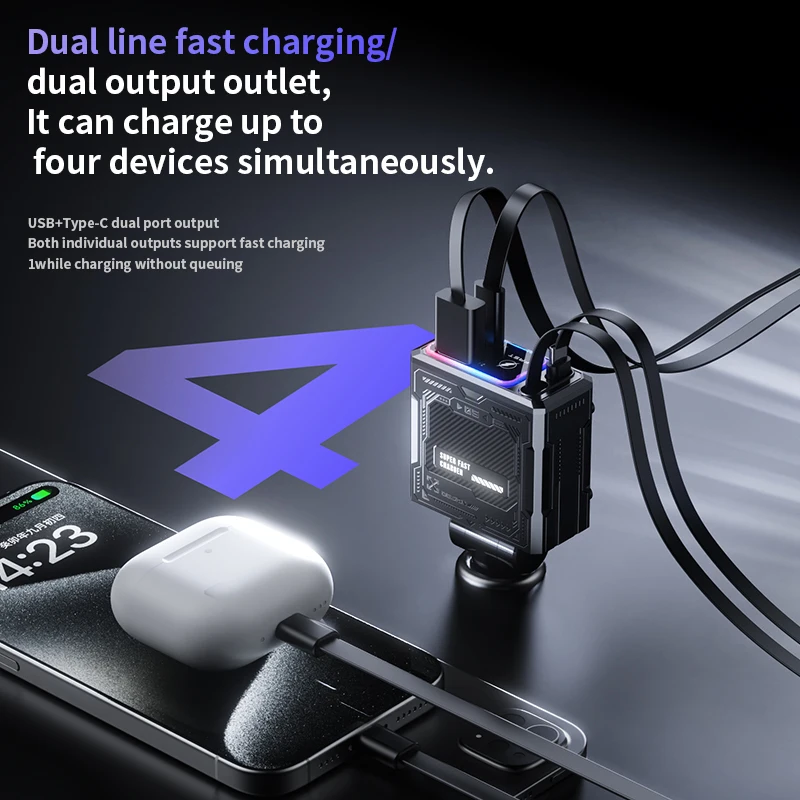 Retractable Car Charger 4 in 1 Fast Charging Foldable Car Charger 120W Cable Type-c Ports Car Charger Adapter Compatible
