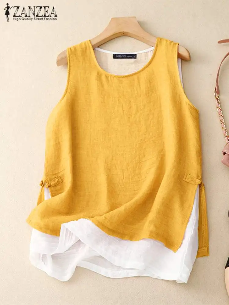 ZANZEA Casual Sleeveless Tank Tops Women Double Layer Vest 2024 Summer Loose Frog Button Slit Camis Holiday O-neck Tanks Tunics