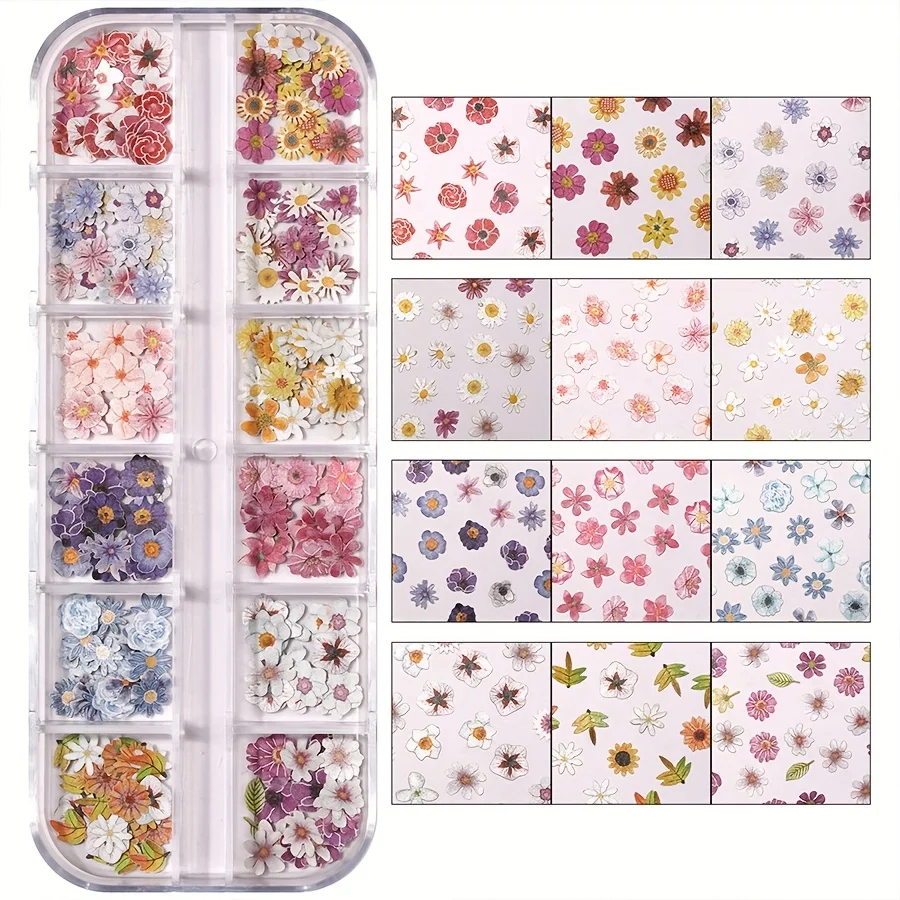 12-Gitter Nail Art Aufkleber Weihnachten Nagelaufkleber Schneeflocke Blätter Blume Holzzellstoff DIY Nagel Charm Nagel Pailletten Maniküre Zubehör