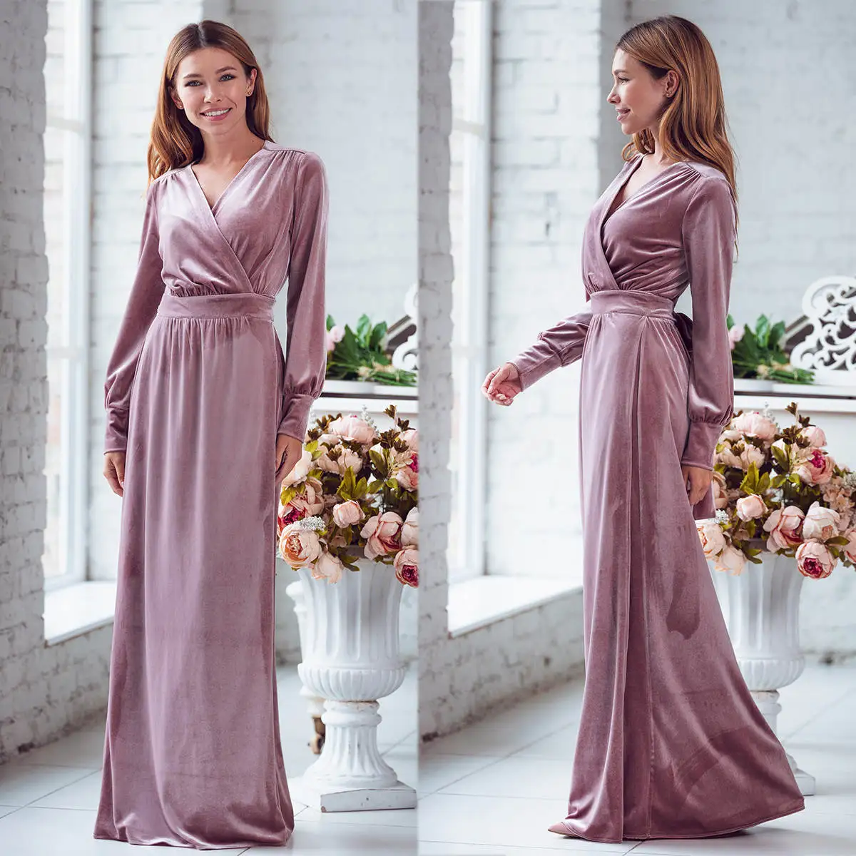 

Graceful Women Nightgown Bridal Pajamas V-Neck Long Sleeve High Split Bridal Wedding Bathrobe for Photography Custom Made