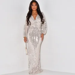 Vintage Sexy Women's Sequin Evening Dresses Long Sleeve V Neck Slim Waist Glitter Luxury Long Party Celebrity Birthday Gowns