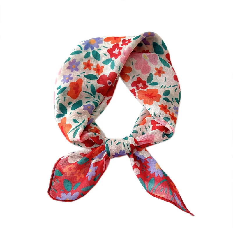 Women's Summer Scarf Cotton Linen Small Square Scarf Korean Style Bandanna Floral Print Headscarf Girls Hair Accessoories Shawl