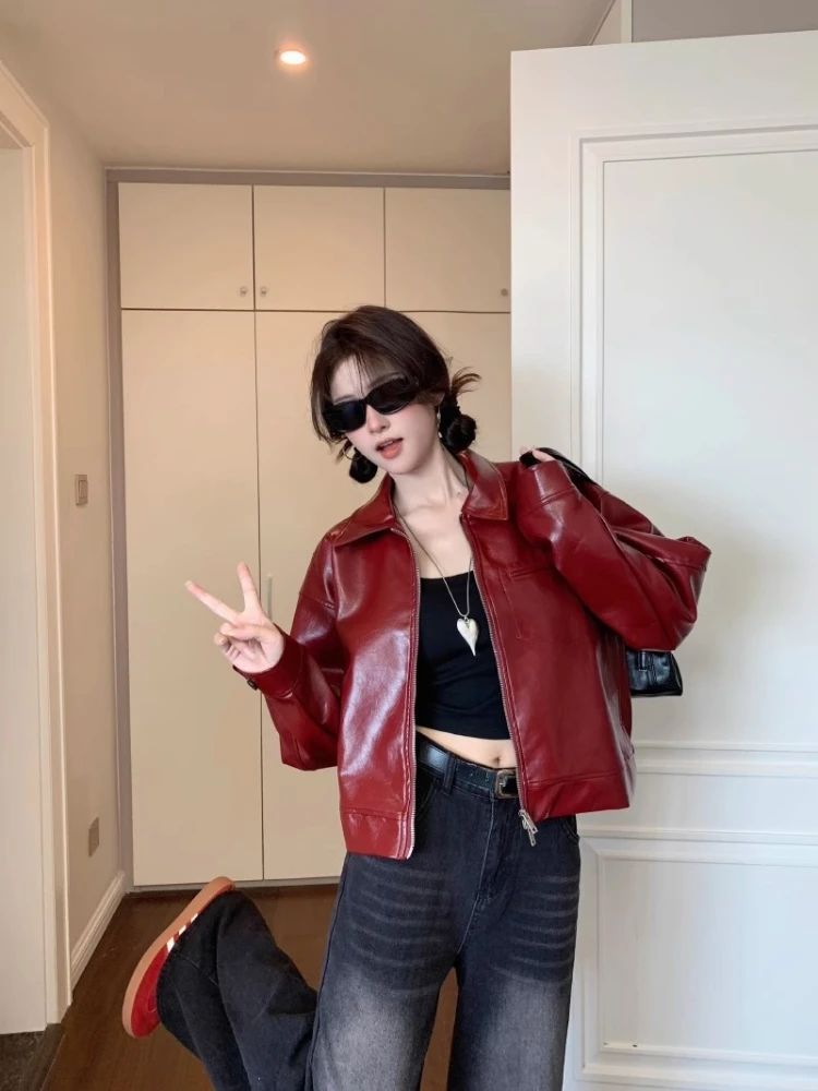 سترة نسائية من الجلد الأحمر بتصميم أمريكي عتيق، سترة قصيرة لراكبي الدراجات النارية، تصميم عالي، مقاس صغير، مادة البولي يوريثا... #5