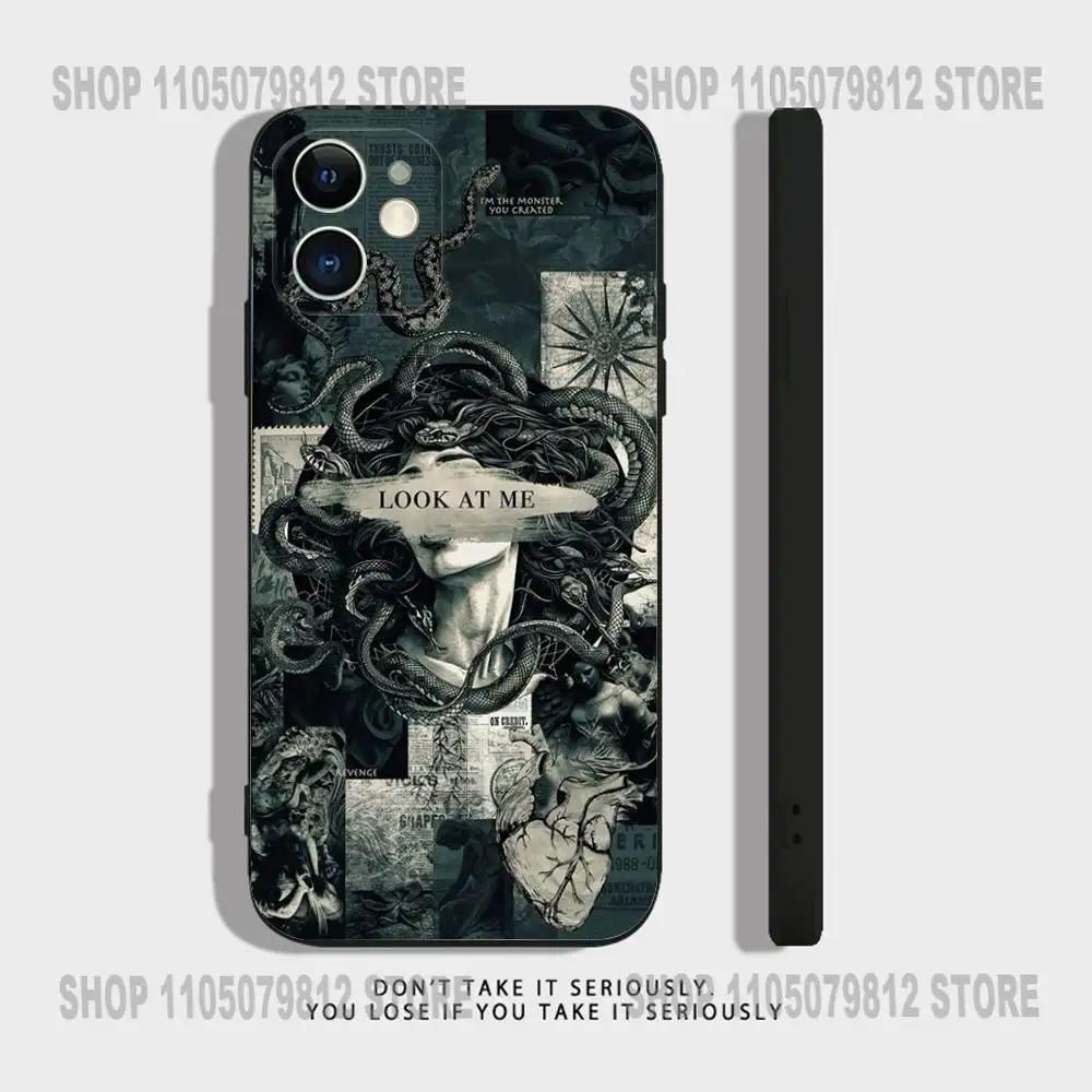 Medusa mitologia grega olhar comigo capa de telefone para iphone 17 16,15,14,13,12,11, pro,xs, max,xr,plus, mini silicone preto à prova de choque