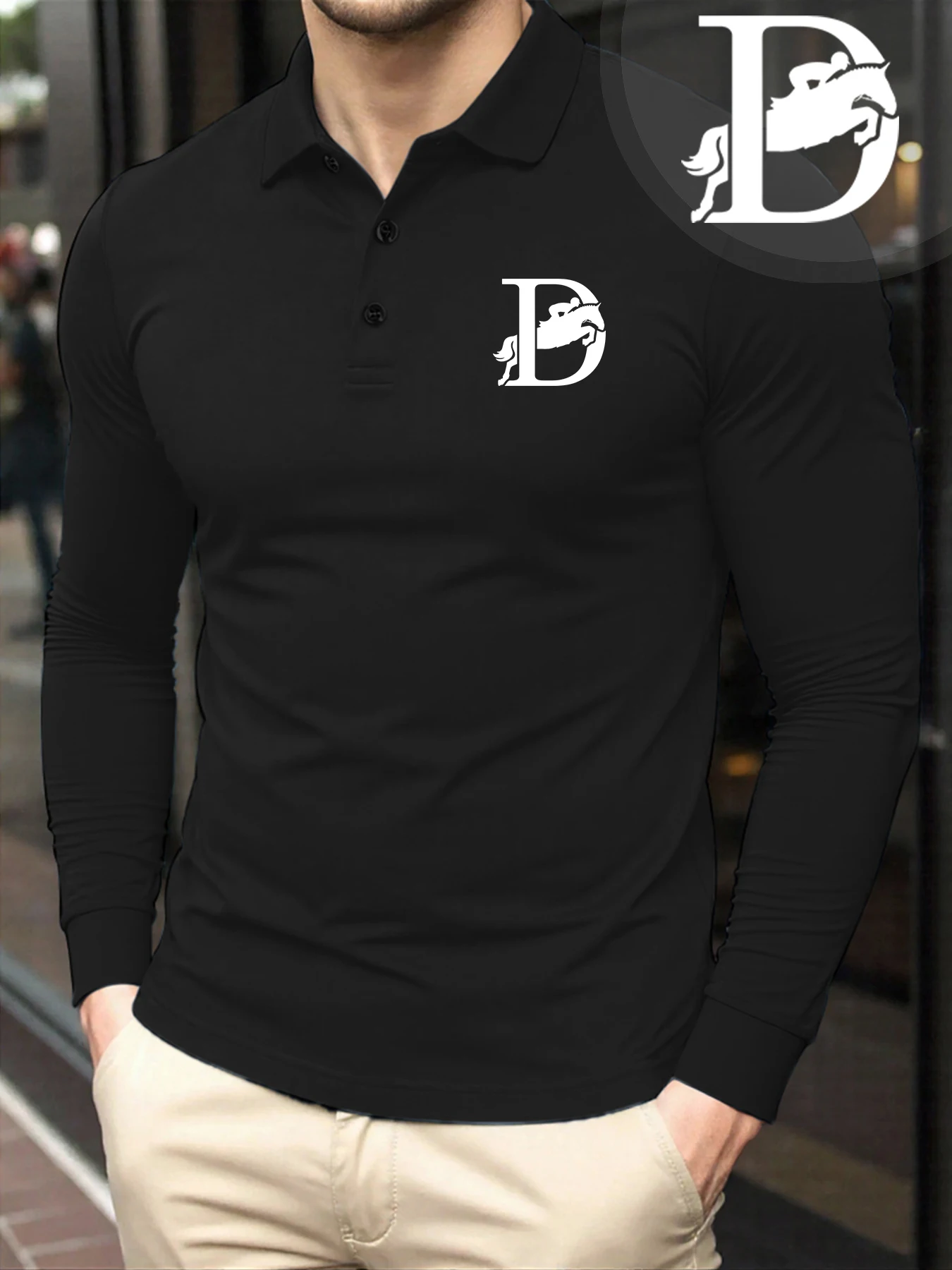 

Letter D With Jumping Horse Desgin Print Men Shirts Basic All-Match Long Sleeve Casual Commute Polo Shirt Culture Autumn Clothes