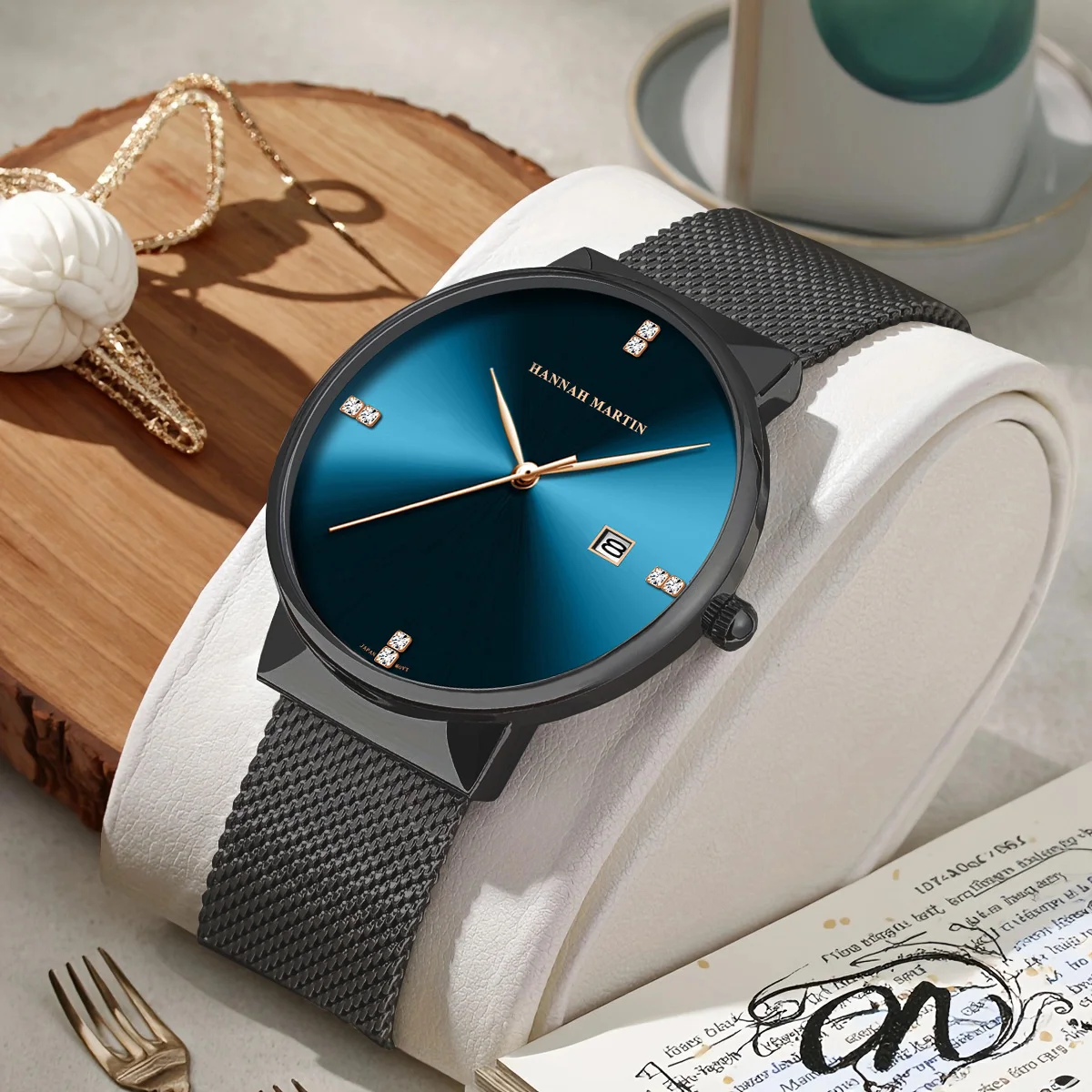Hannah Martin Men Watch With Japanese Imported Movement Business Stainless Steel Mesh Belt 3Bar Quartz Rhinestone Watch for Men