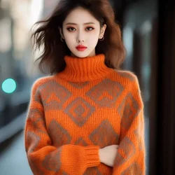 New Autumn Winter Turtleneck Knitted Sweater Coat Women Outer Wear Slim Beautiful Fragrant Orange Jacquard Pullover Sweater Tops