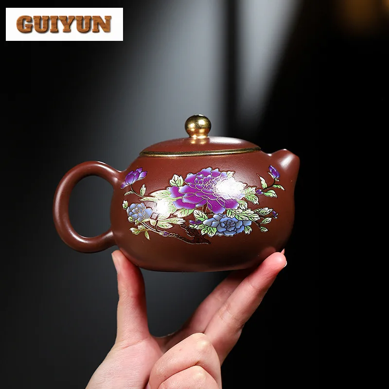 400ml Yixing Purple Clay Teapots Handmade Gold Tracing Peony Xishi Pot Raw Ore Purple Zhu Mud Tea Making Kettle Zisha Tea Set