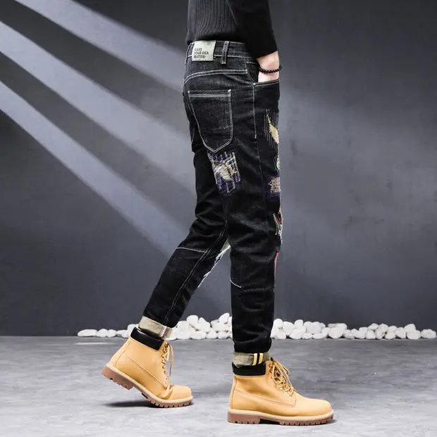 High-quality retro ripped jeans men's tide brand personality scratched patch elastic slim straight pants men's 2022 models jeans