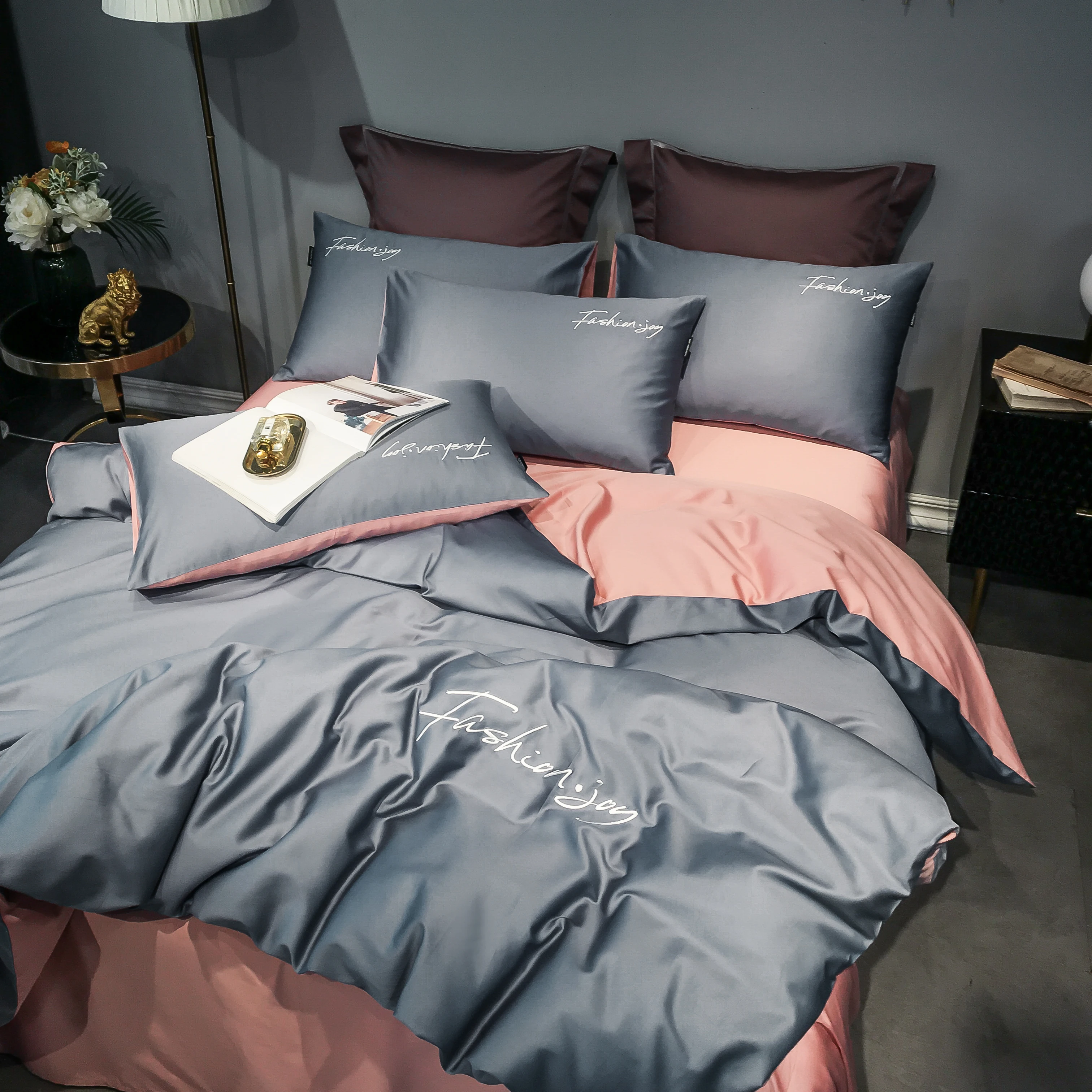 2024 new four-piece bedding fashion cotton double household bed sheet quilt cover splicing design bedding purple gray bean paste