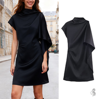 Women's Black Satin Asymmetrical Dress Draped Collar Cap Sleeve Elegant Party Mini Dress