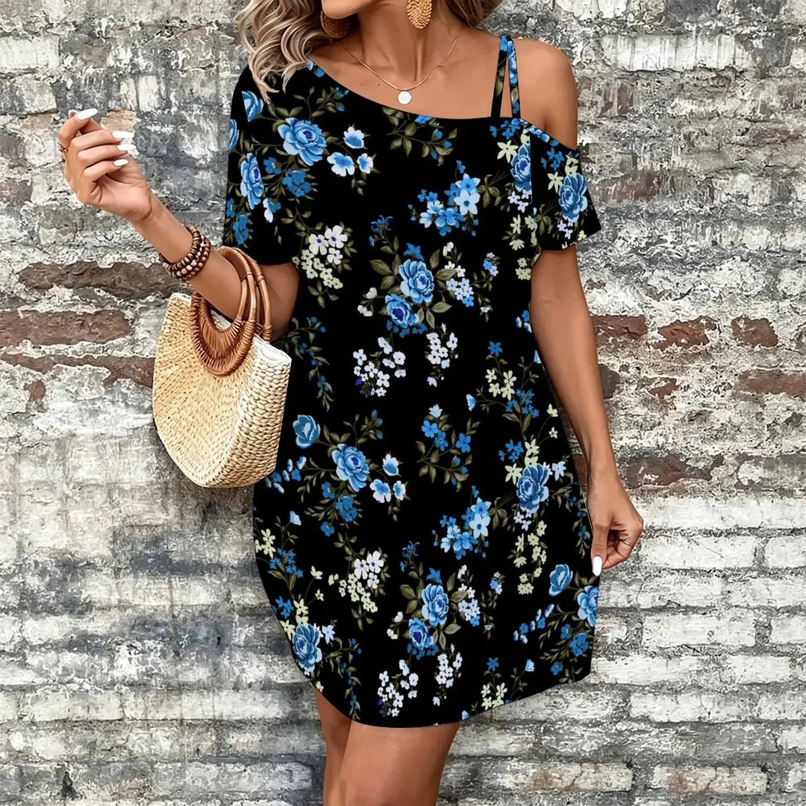 Women Print Cold Shoulder Short Sleeve Mini Dress Irregular Off Shoulder Casual Loose Tunic Dress