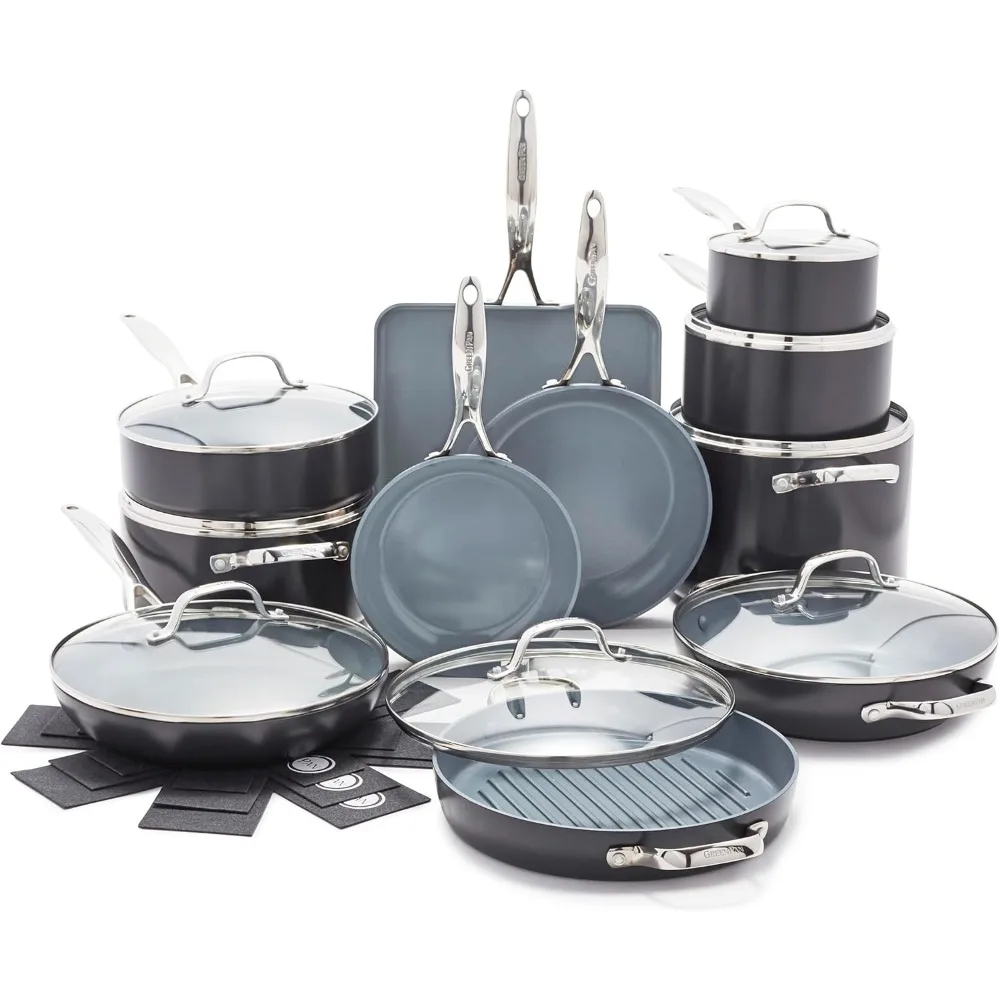 Cerámica saludable anodizada dura antiadherente, sartenes para saltar y salsa, olla, tapas, sin PFAS, inducción, apto para lavavajillas y horno, gris