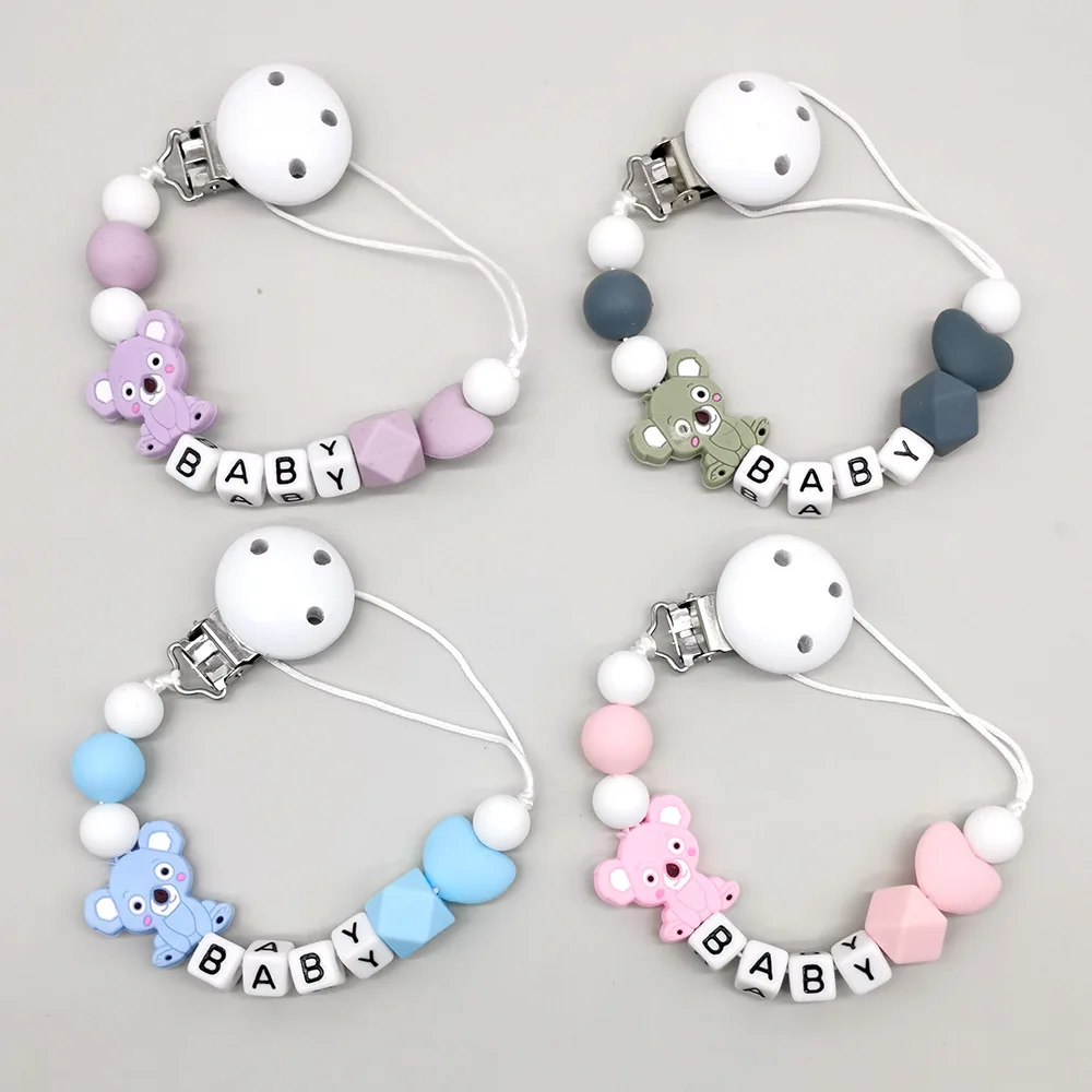 Custom Free personalized Name baby pacifier holder chain Handmade silicone koala safe teether Newborn Chew Gift