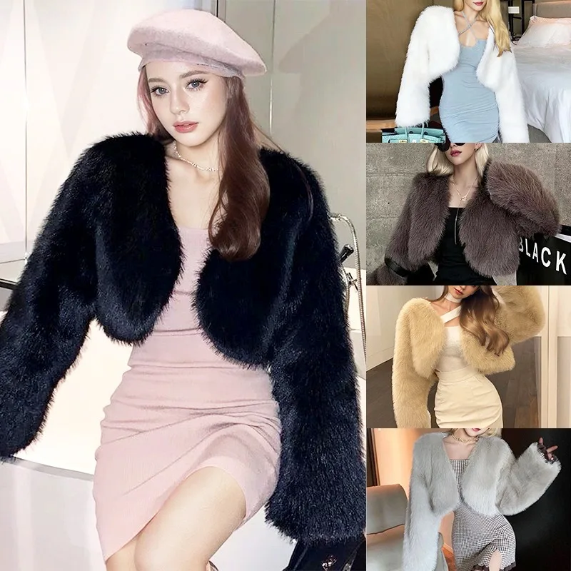 Fashion Y2k Fur Cardigan Cropped Jacket Cut Loose Fall Winter Warm Faux Fur Coat Fluffy Long Sleeve Outerwear Office Lady Jacket