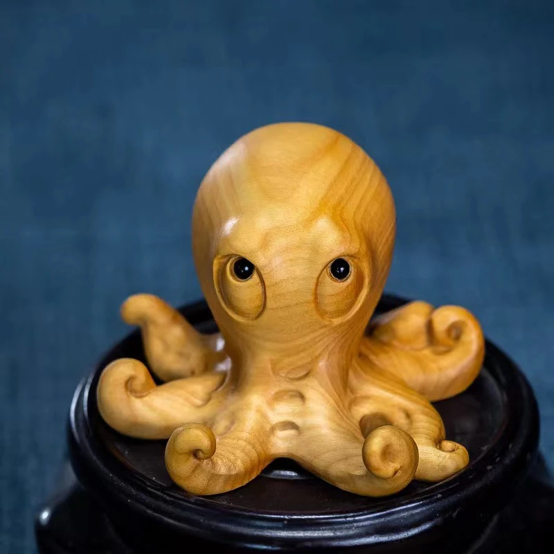 XS800- 6 CM Pretty Octopus Boxwood Sculpture Animal Figurine Mini Statue Birthday Gift