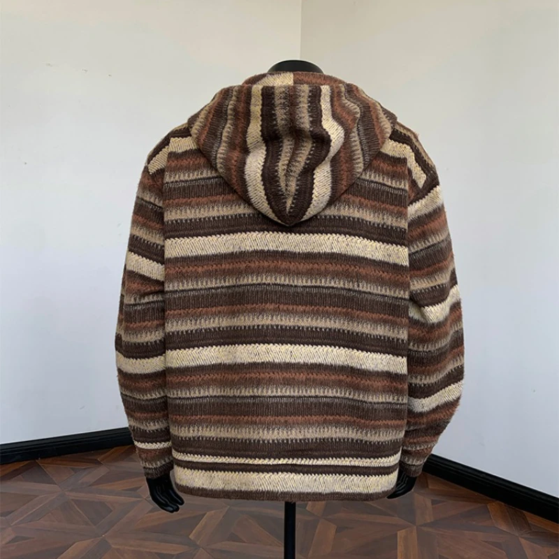 Vintage colorblock jack met capuchon: gezellige gebreide golvende strepen in warm bruin (unisex) ​   Dagelijks los vrijetijdsjack voor heren