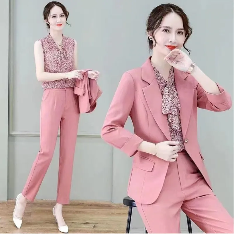 Women\'s Fashion Blazer Three Piece Set 2023 Autumn Korean Elegant Suit Jacket+Vest+Professiona Pants Matching Set Female Clothes