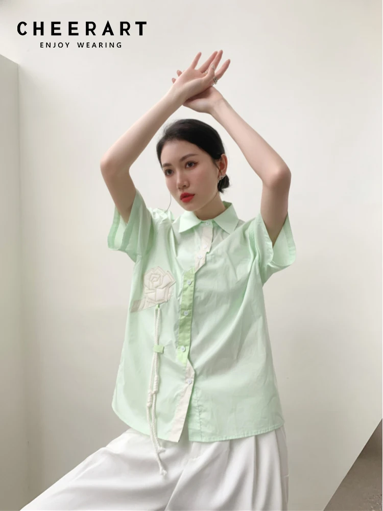 

CHEERART Mint Green Short Sleeve Shirts For Women 2022 Designer Summer Top And Blouse Button Up Collared Shirt High Fashion