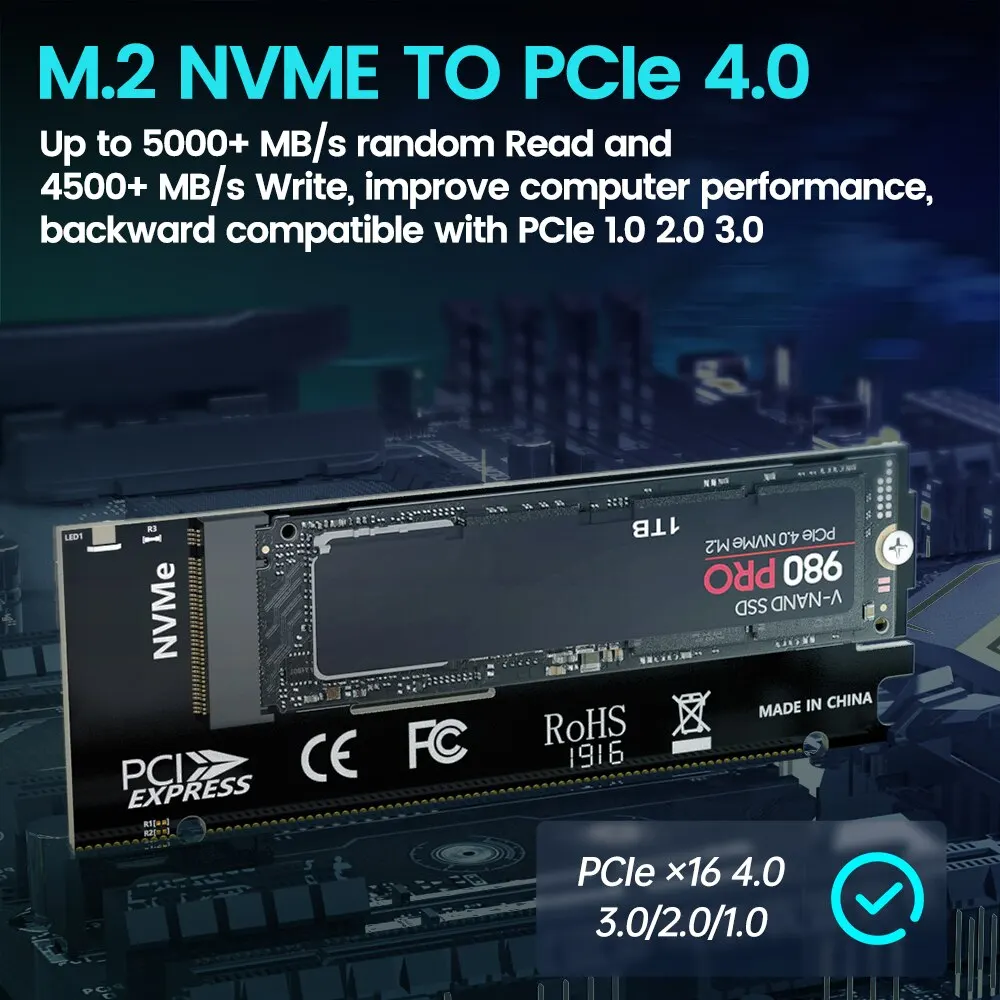 JEYI M.2 NVME to PCIE X16 Adapter, 2280/60/42/30 NVMe SSD to PCIe 4.0 3.0 GEN4 64Gbps Expansion Card for Desktop Motherboard PC